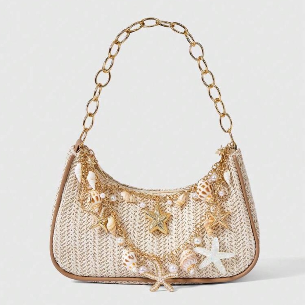Starfish Boho Straw Shoulder Bag with Gold Chain and Shell Charms